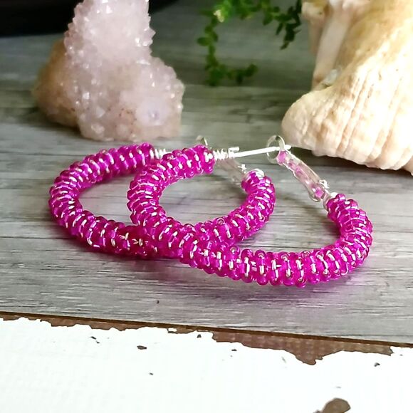 Pink Beaded Hoop Earrings, Seed Bead Jewelry, Handmade Jewelry 1.5" - Picture 1 of 3